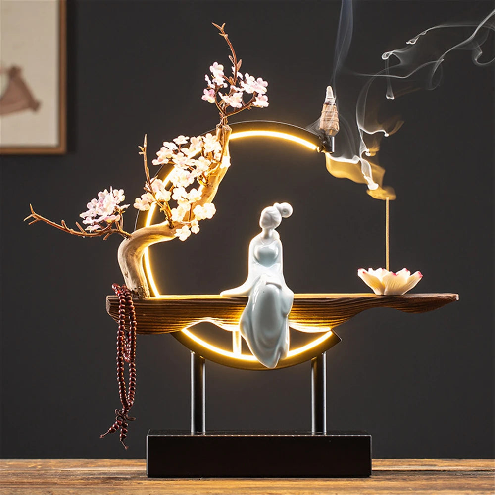 Queimador de incenso de refluxo de madeira de empregada cerâmica com 20 cone usb led círculo de luz lótus buda contas decoração de escritório em casa mobiliário
