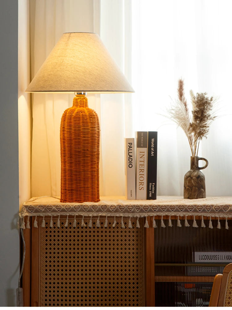 Japonês rattan lâmpada de mesa tecido abajur luzes led para sala estar decoração sofá quarto cabeceira noite suporte luminárias