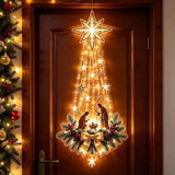 Pendente de Natal com estrela iluminada, cena de presépio e detalhes dourados em uma porta