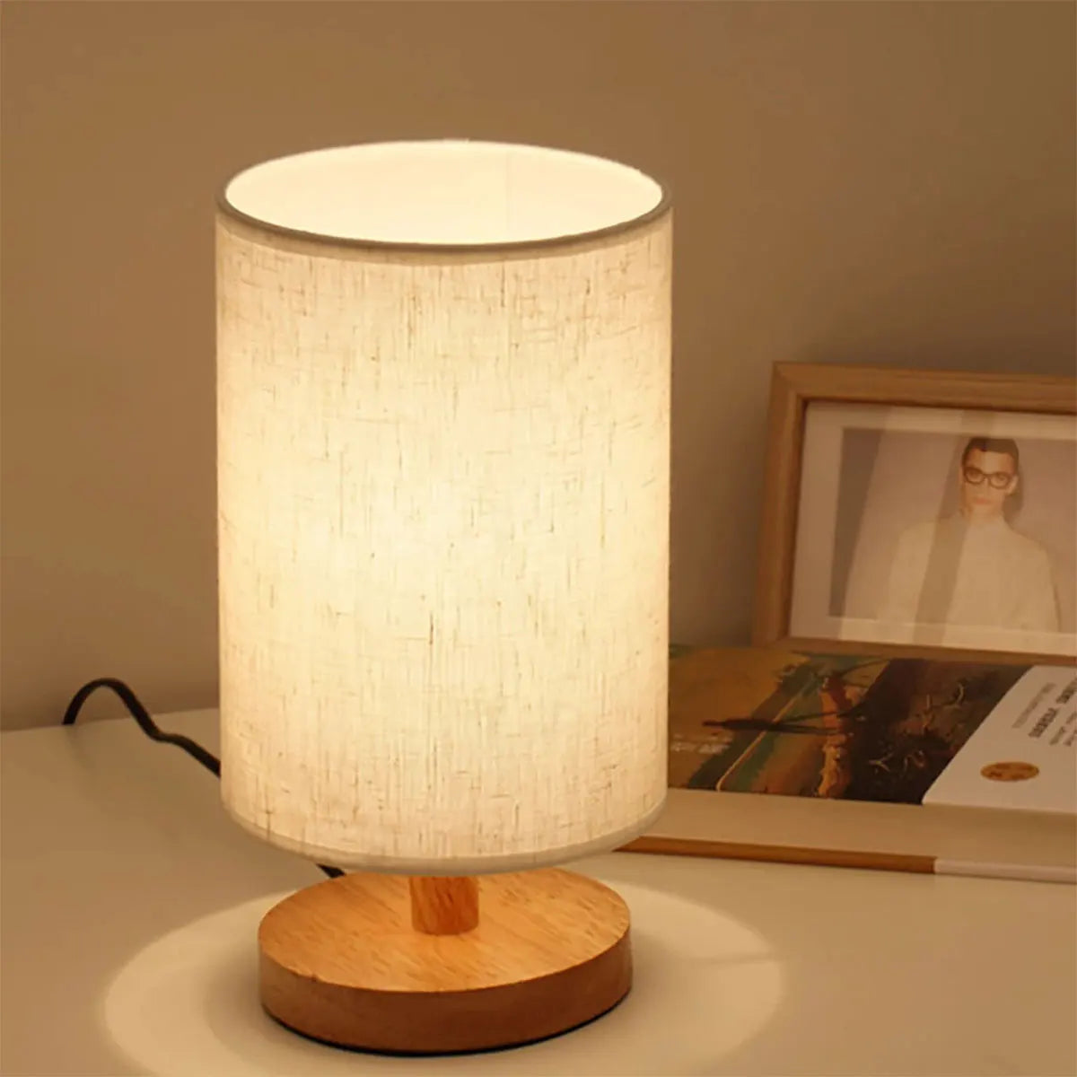 Usb lâmpada de cabeceira luzes da noite lâmpada de mesa para o quarto lâmpada de mesa de madeira luz da noite com cilindro sombra da lâmpada decoração da sua casa