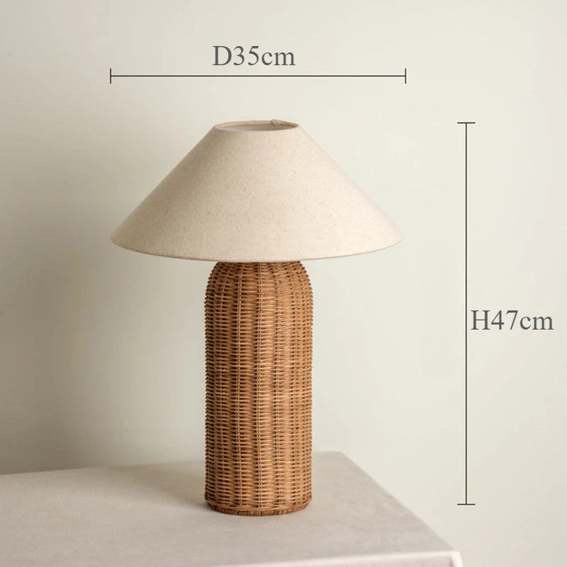 Japonês rattan lâmpada de mesa tecido abajur luzes led para sala estar decoração sofá quarto cabeceira noite suporte luminárias