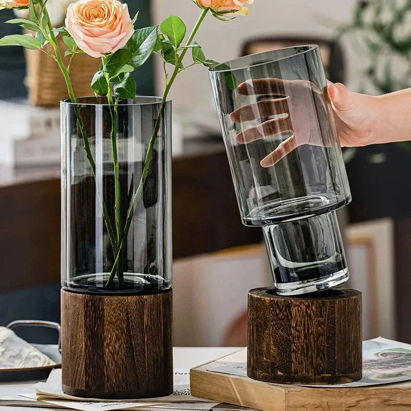 Vasos simples europeu hidropônico planta casa sala de estar mesa inserida flor base madeira vaso vidro transparente decoração casa