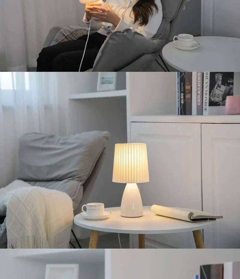 Milkshake-LED plissado abajur de cabeceira, cor quente, luz decorativa da noite, cerâmica iluminação interior, mesa sala, E27