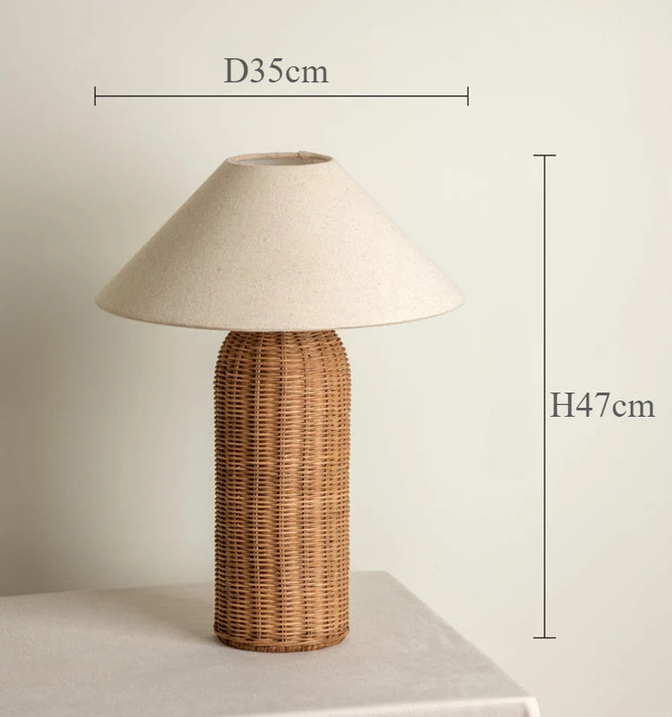 Japonês rattan lâmpada de mesa tecido abajur luzes led para sala estar decoração sofá quarto cabeceira noite suporte luminárias