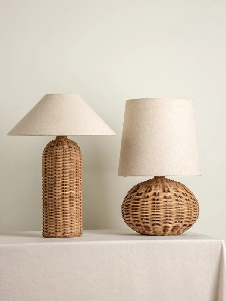 Japonês rattan lâmpada de mesa tecido abajur luzes led para sala estar decoração sofá quarto cabeceira noite suporte luminárias