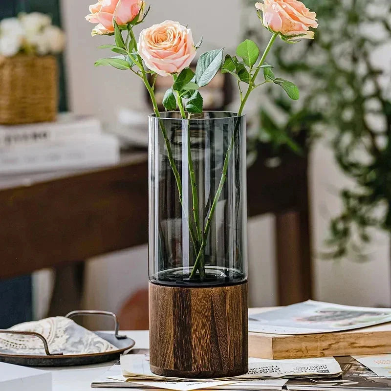 Vasos simples europeu hidropônico planta casa sala de estar mesa inserida flor base madeira vaso vidro transparente decoração casa