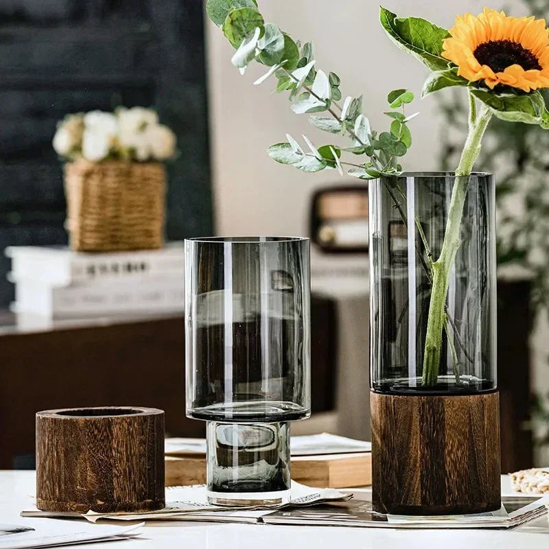 Vasos simples europeu hidropônico planta casa sala de estar mesa inserida flor base madeira vaso vidro transparente decoração casa