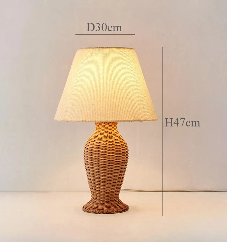 Japonês rattan lâmpada de mesa tecido abajur luzes led para sala estar decoração sofá quarto cabeceira noite suporte luminárias
