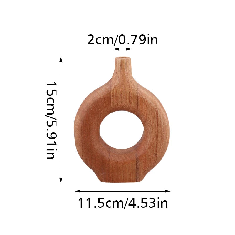 Vaso de madeira sólida estilo nórdico, vaso de flores com design de rosquinha, recipiente de arranjo de flores secas, ornamento, mesa de sala de estar, decoração de casa, 1 peça