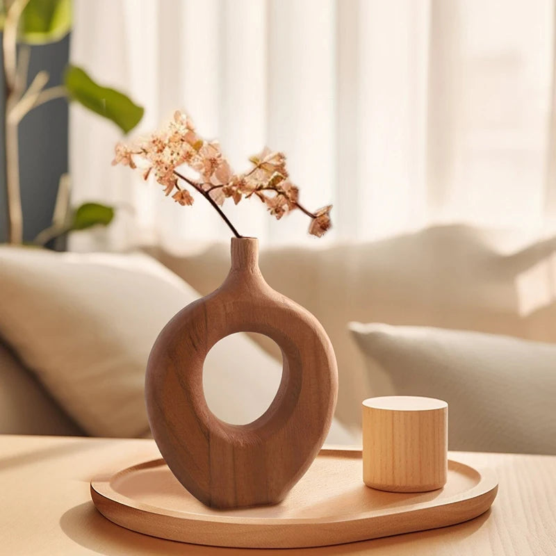 Vaso de madeira sólida estilo nórdico, vaso de flores com design de rosquinha, recipiente de arranjo de flores secas, ornamento, mesa de sala de estar, decoração de casa, 1 peça