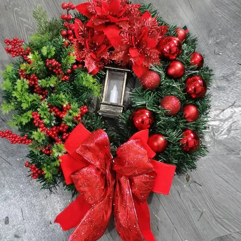 45cm grinalda vermelha com lâmpada para porta da frente bola vermelha flor guirlanda ornamento de natal janela parede pendurado decoração decorações de natal
