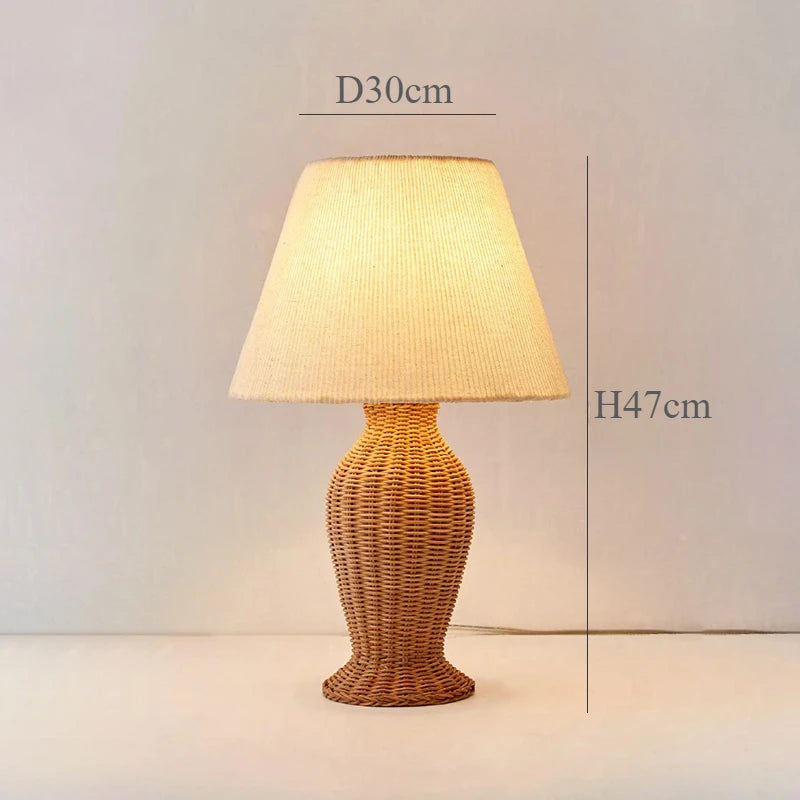 Japonês rattan lâmpada de mesa tecido abajur luzes led para sala estar decoração sofá quarto cabeceira noite suporte luminárias