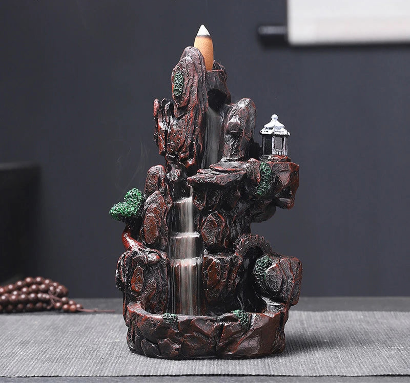 Multi estilo montanhas rio cachoeira queimador de incenso fonte backflow aroma fumaça incensário titular casa com 10 pçs cones incenso