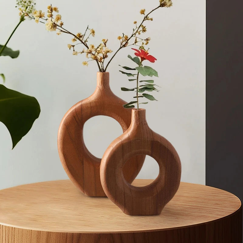 Vaso de madeira sólida estilo nórdico, vaso de flores com design de rosquinha, recipiente de arranjo de flores secas, ornamento, mesa de sala de estar, decoração de casa, 1 peça