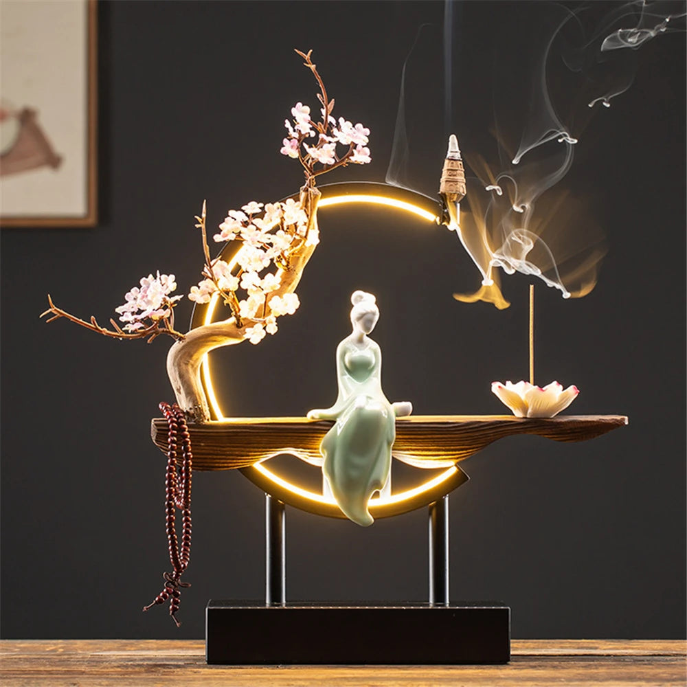 Queimador de incenso de refluxo de madeira de empregada cerâmica com 20 cone usb led círculo de luz lótus buda contas decoração de escritório em casa mobiliário