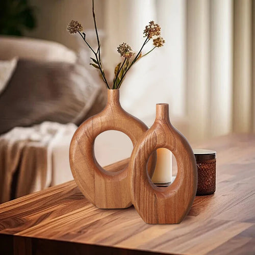 Vaso de madeira sólida estilo nórdico, vaso de flores com design de rosquinha, recipiente de arranjo de flores secas, ornamento, mesa de sala de estar, decoração de casa, 1 peça