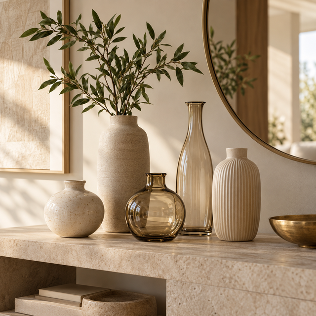 Conjunto de vasos decorativos em ambiente sofisticado