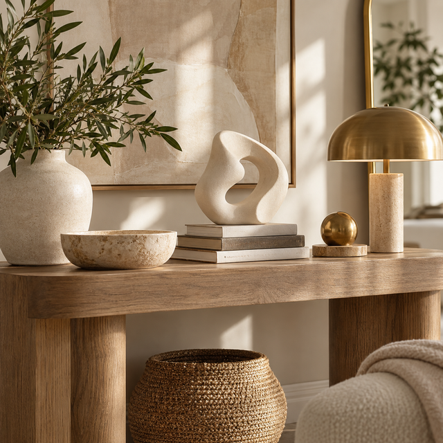 Ambiente elegante com objetos decorativos em tons neutros