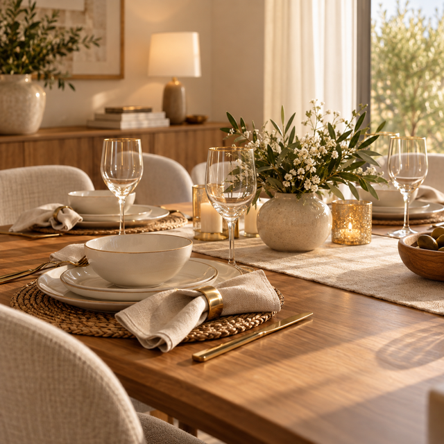 Mesa posta elegante com louças e decoração acolhedora