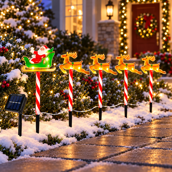 Kit 5 Luzes Solares de Natal | Papai Noel e Renas