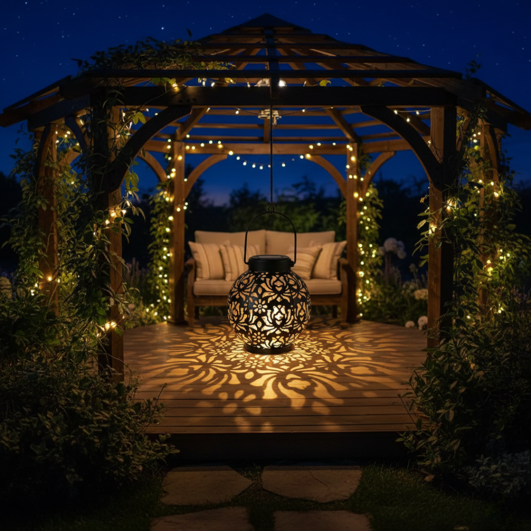 Luminária Solar de Ferro com Design Oco para Jardim