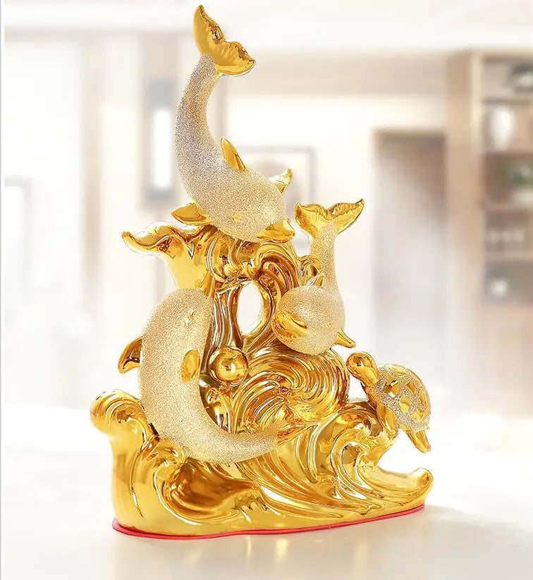 Moderno fengshui golfinho dourado resina itens de decoração casa quarto estatuetas mesa artesanato loja escritório desktop estátua acessórios