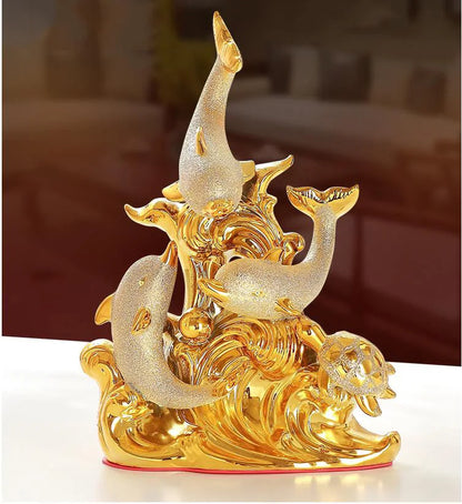 Moderno fengshui golfinho dourado resina itens de decoração casa quarto estatuetas mesa artesanato loja escritório desktop estátua acessórios