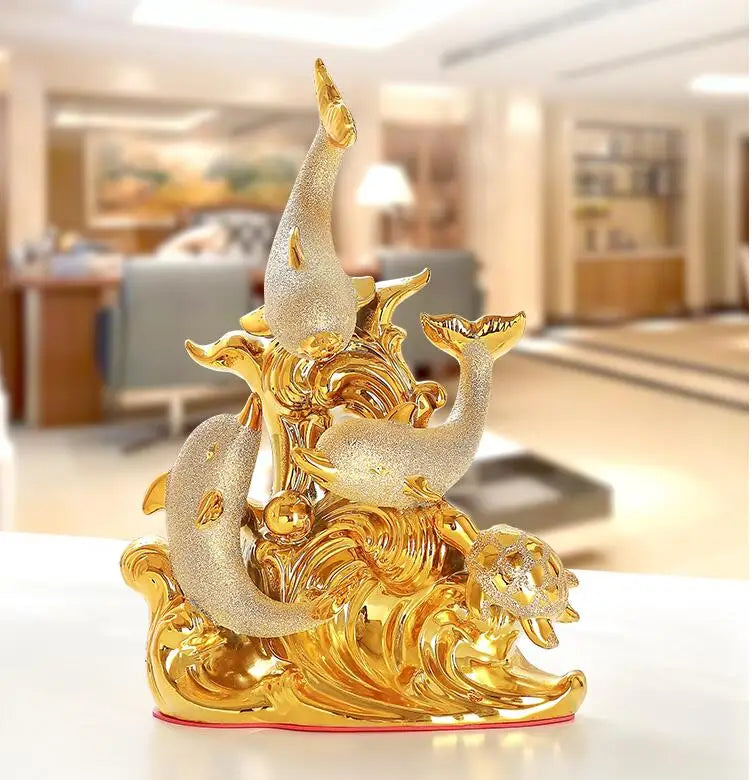 Moderno fengshui golfinho dourado resina itens de decoração casa quarto estatuetas mesa artesanato loja escritório desktop estátua acessórios