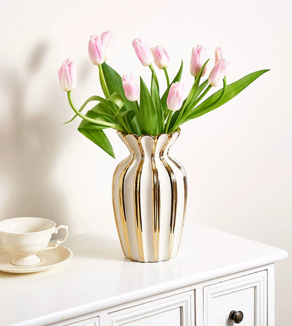 Vaso de cerâmica branco creme pintado em ouro retrô americano, sala de estar, mesa de centro, arranjo de flores, sensação sofisticada, água-bas