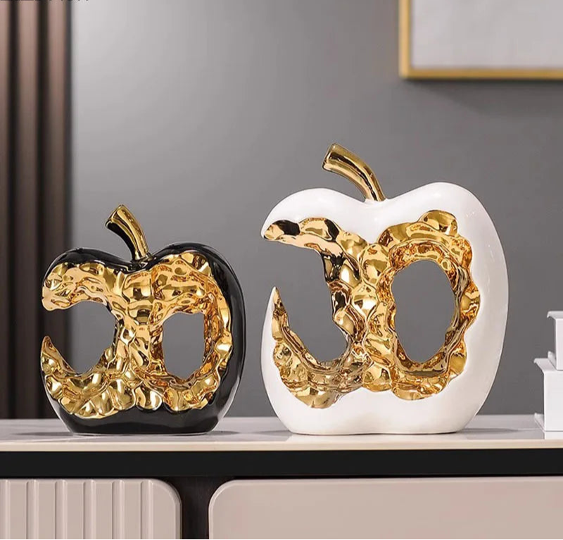 Maçã banhada a ouro oca artesanato escultura de cerâmica decoração de mesa ornamentos criativo estátua de maçã decoração estética do quarto