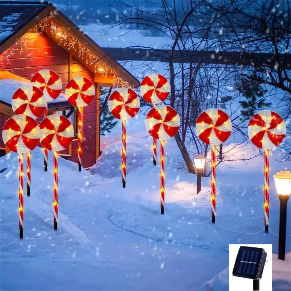 Luzes à terra de doces de árvore de Natal movidas a energia solar, decorações de cenas de gramado de férias, luzes de ambiente, paisagem de pátio ao ar livre l