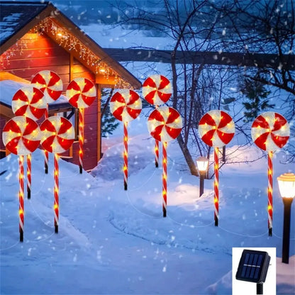 Luzes à terra de doces de árvore de Natal movidas a energia solar, decorações de cenas de gramado de férias, luzes de ambiente, paisagem de pátio ao ar livre l