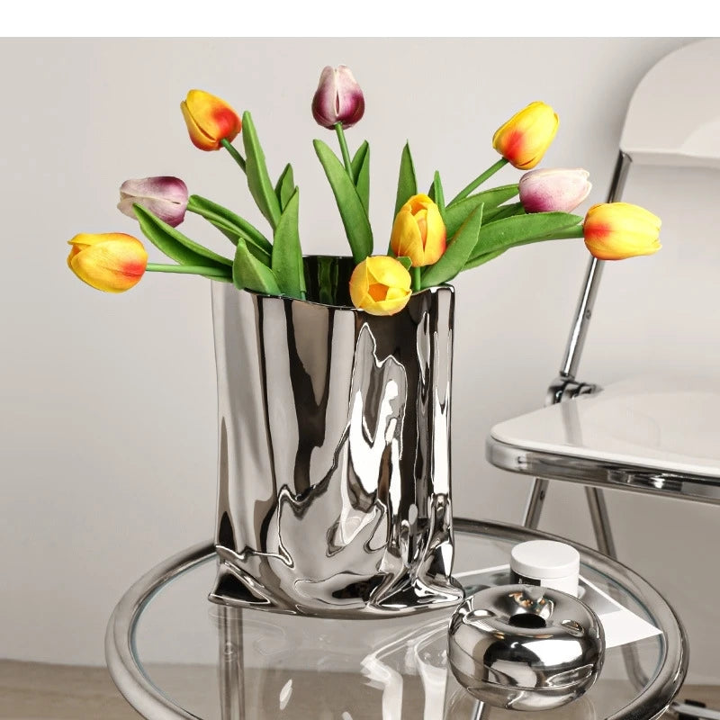 Vaso de cerâmica banhado a prata, decoração de mesa, vasos plissados, vasos de flores decorativos, arranjo de flores, decoração moderna para casa