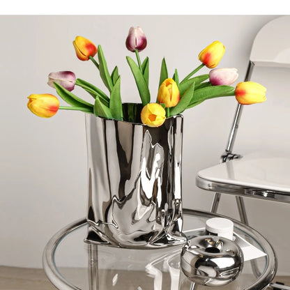 Vaso de cerâmica banhado a prata, decoração de mesa, vasos plissados, vasos de flores decorativos, arranjo de flores, decoração moderna para casa