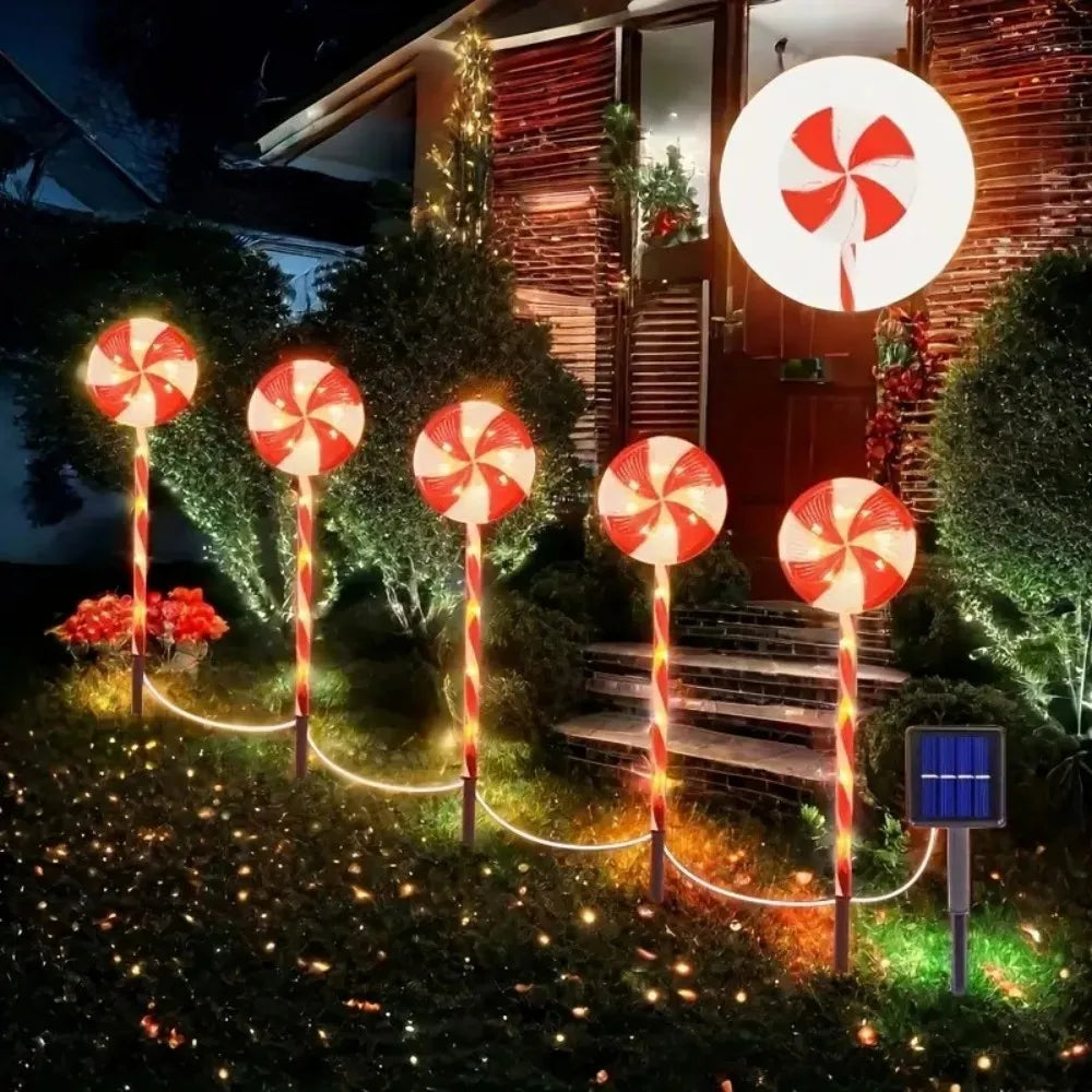 Luzes à terra de doces de árvore de Natal movidas a energia solar, decorações de cenas de gramado de férias, luzes de ambiente, paisagem de pátio ao ar livre l