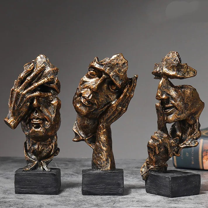 Vilead 16cm conjunto de 3 escultura abstrata resina silêncio é estátua de ouro areia preta escritório estante decoração de mesa objeto prateleira
