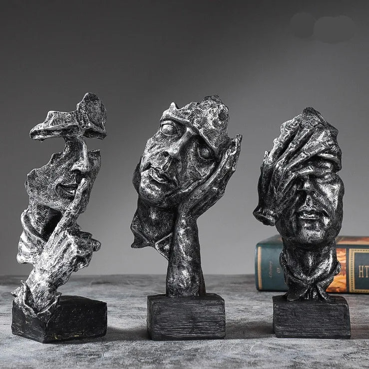 Vilead 16cm conjunto de 3 escultura abstrata resina silêncio é estátua de ouro areia preta escritório estante decoração de mesa objeto prateleira
