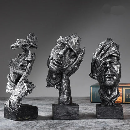 Vilead 16cm conjunto de 3 escultura abstrata resina silêncio é estátua de ouro areia preta escritório estante decoração de mesa objeto prateleira