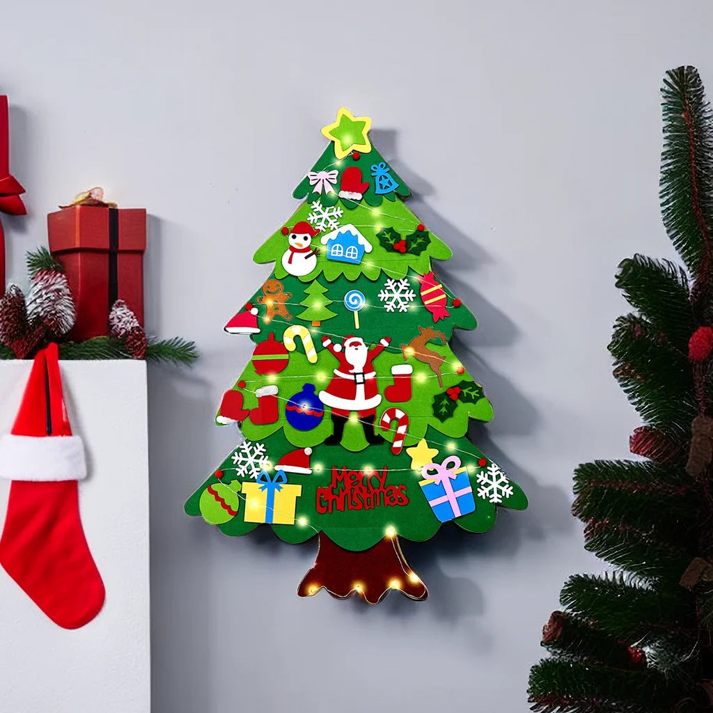 Felt Christmas Tree with LED String Lights para crianças, suspensão de parede, DIY, presentes de Natal, Merry Home Decor, Party Supplies, New Year Gifts