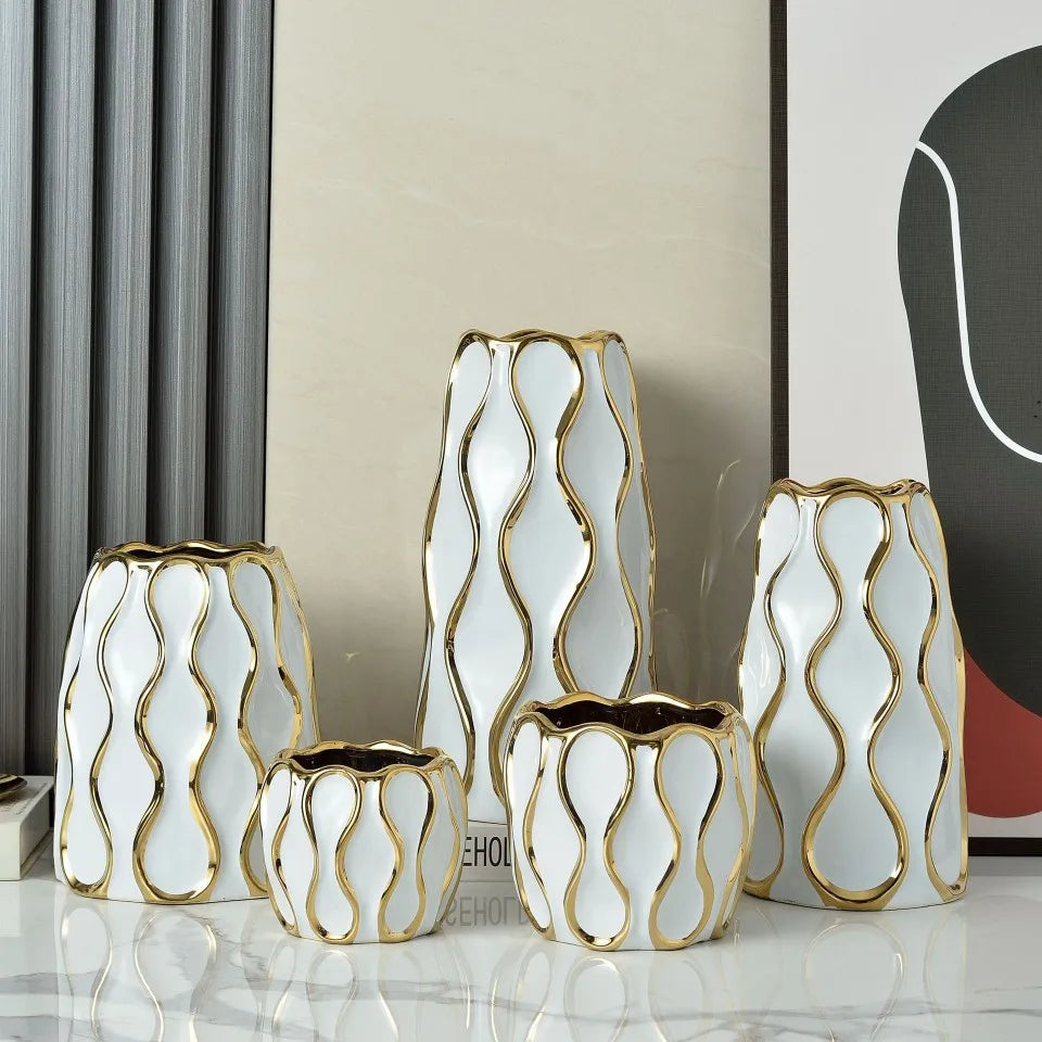 Vaso cerâmico galvanizado, ornamentos de flores douradas, arranjo de flores secas, decoração moderna da sala de estar, preto e branco