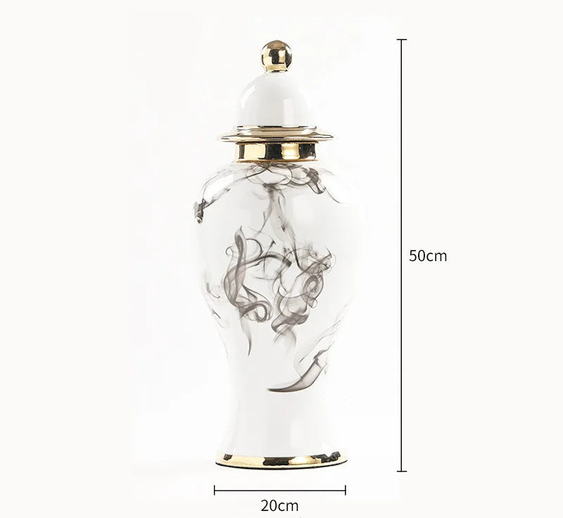 Vaso de flores alto dourado, jarra de cerâmica, decorações e ornamentos chineses para sala de estar, pintura a tinta, jarra geral, frascos de armazenamento de cerâmica