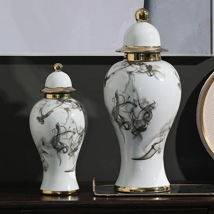 Vaso de flores alto dourado, jarra de cerâmica, decorações e ornamentos chineses para sala de estar, pintura a tinta, jarra geral, frascos de armazenamento de cerâmica