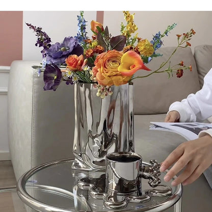 Vaso de cerâmica banhado a prata, decoração de mesa, vasos plissados, vasos de flores decorativos, arranjo de flores, decoração moderna para casa
