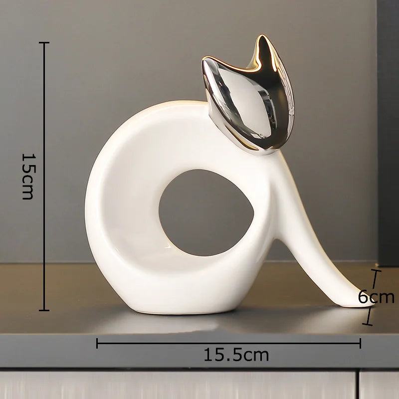 Arte abstrata cerâmica gatinho estátua branco animal ornamentos mesa decoração porcelana gato escultura sala estética decoração