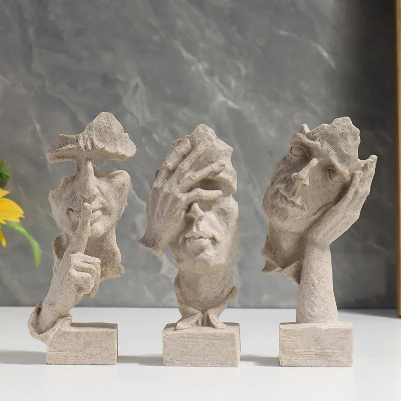 Vilead 16cm conjunto de 3 escultura abstrata resina silêncio é estátua de ouro areia preta escritório estante decoração de mesa objeto prateleira