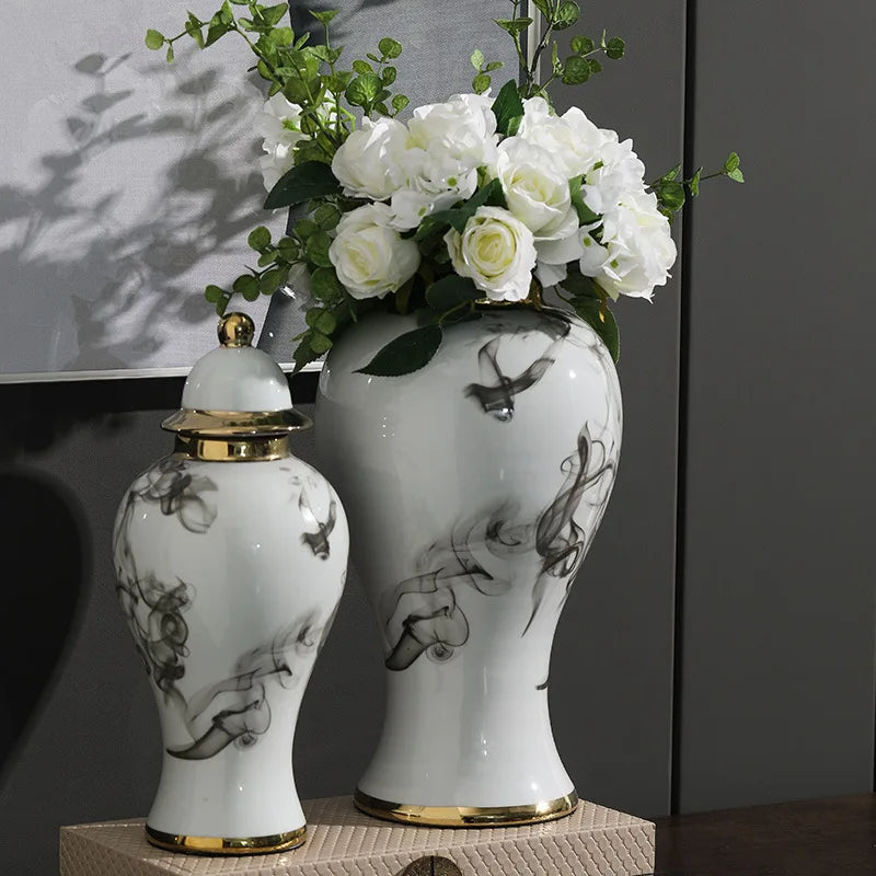 Vaso de flores alto dourado, jarra de cerâmica, decorações e ornamentos chineses para sala de estar, pintura a tinta, jarra geral, frascos de armazenamento de cerâmica