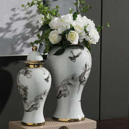 Vaso de flores alto dourado, jarra de cerâmica, decorações e ornamentos chineses para sala de estar, pintura a tinta, jarra geral, frascos de armazenamento de cerâmica