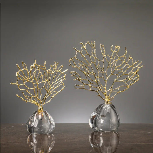 Imitação de coral ornamentos cristal metal árvore vaso vidro oco quadro metal resina coral oceano estatuetas decorativas decoração casa