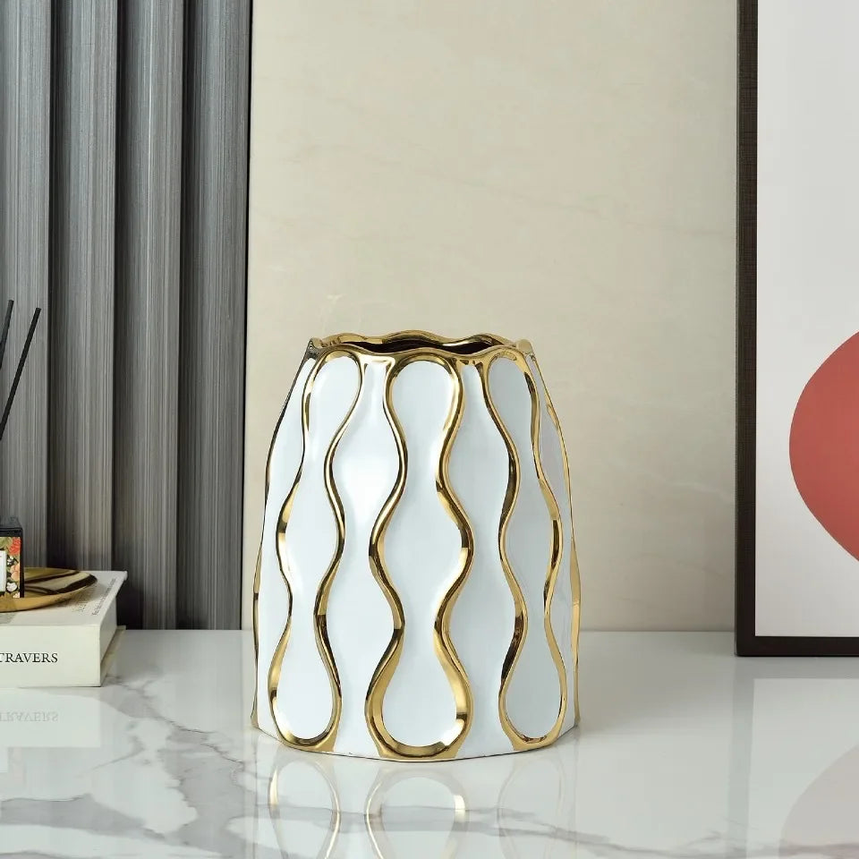 Vaso cerâmico galvanizado, ornamentos de flores douradas, arranjo de flores secas, decoração moderna da sala de estar, preto e branco