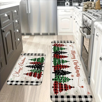 Tapete de cozinha de natal vintage, tapete antiderrapante de flanela xadrez de búfalo de madeira de árvore com esponja para decoração de vários quartos
